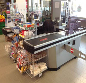 Checkout counter with conveyor belt on sale